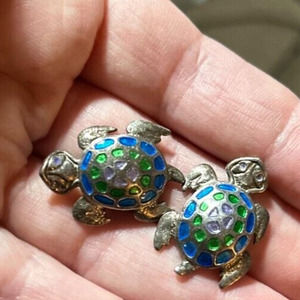 Vintage Sterling Silver 925 Enamel Turtle Stud Earrings
